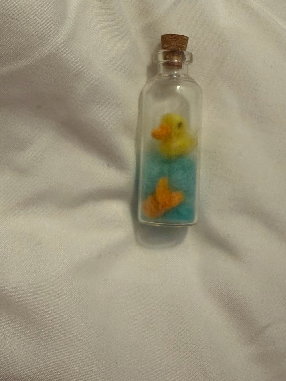 Mini bottle with goldfish and rubber duck scene- Handmade wool trinket